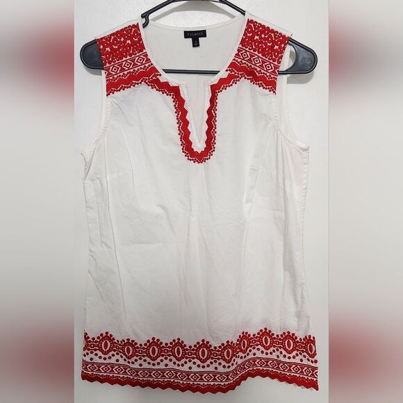 Talbots Sleeveless Aztec White w/ Red Embroidery Cotton Tunic Top Blouse -Size S - Picture 1 of 8